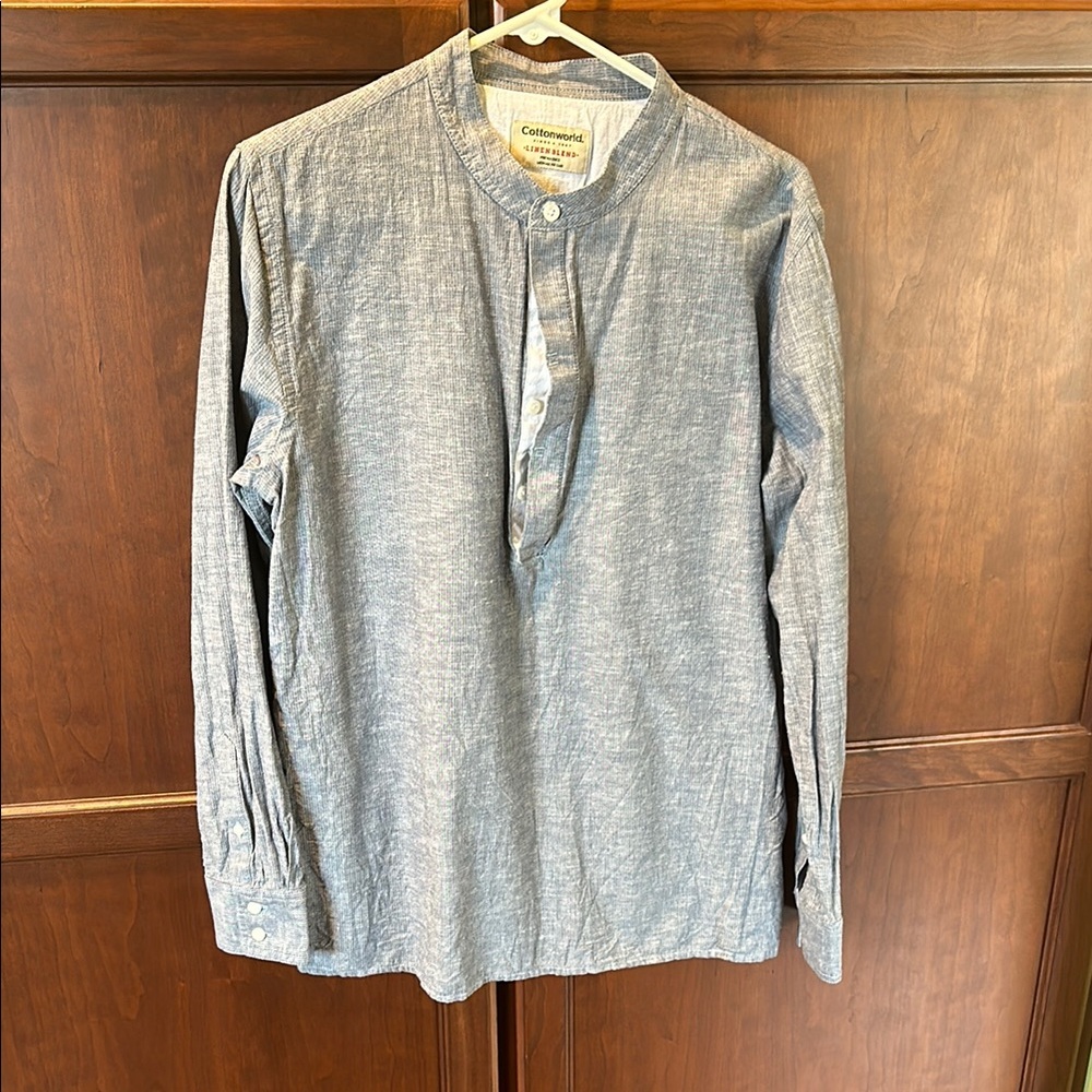 Blue Shirt Kurta with Relaxed Fit and Collarless Design by Cottonworld